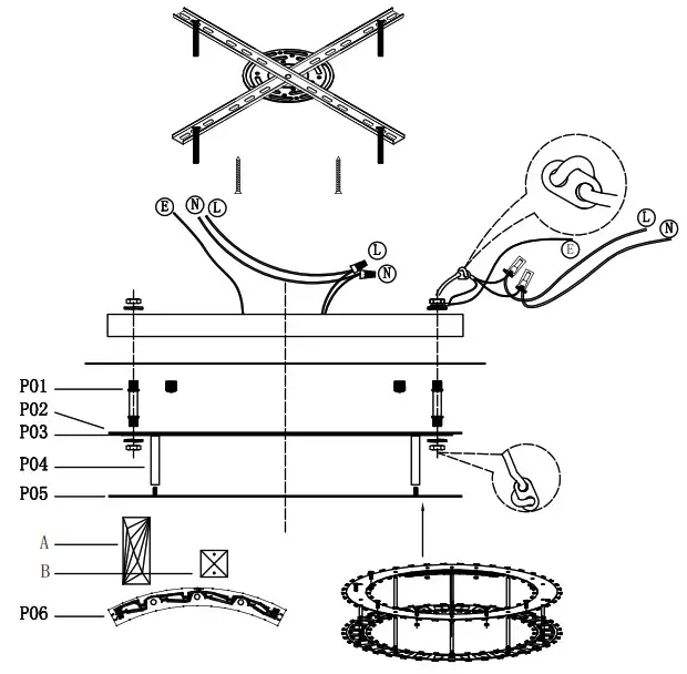 ELEGANT 3503F33 Monroe 34 Inch Wide LED Semi Flush Ceiling Fixture - Frame Assembly Diagram 1