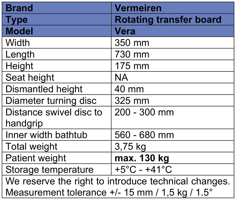 VERMEIREN VERA Transfer Base with Rotating Seat - Technical specifications