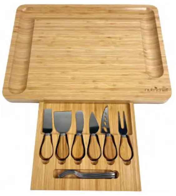 nutrichef PKCZBD93 Bamboo Food Serving and Food Slicer Platter Cheese Board Presentation Set