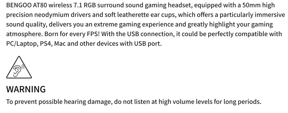BENGOO TA80 Wireless 7.1 RGB Gaming Headset User Manual - Introduction