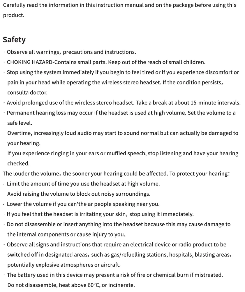 BENGOO TA80 Wireless 7.1 RGB Gaming Headset User Manual - Safety and Precautions