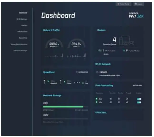LINKSYS WRT 32X Gaming Router - Dashboard