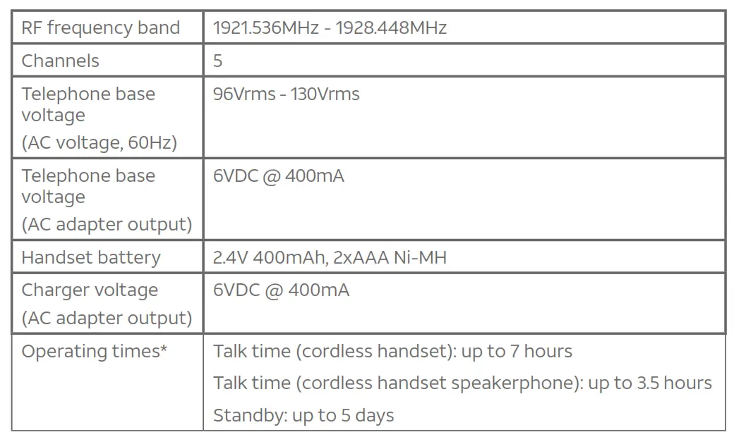 DECT 6.0 Cordless Telephone - Technical specifications