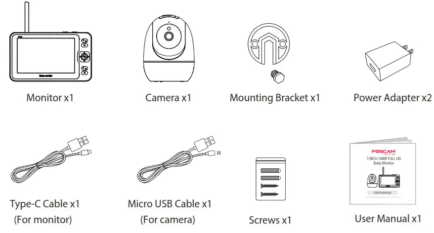 FOSCAM 5 Inch 1080P Full HD Baby Monitor- PACKING LIST