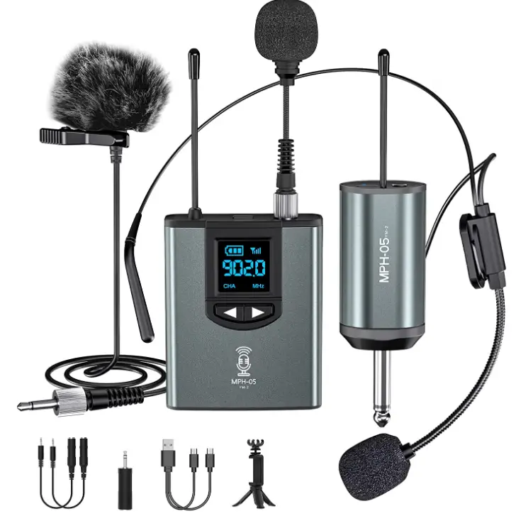 Microphone-System-Headset-Mic-Stand-Mic-Lavalier-Lapel-Mic-with-Rechargeable-Bodypack-Transmitter-&-Receiver-Image