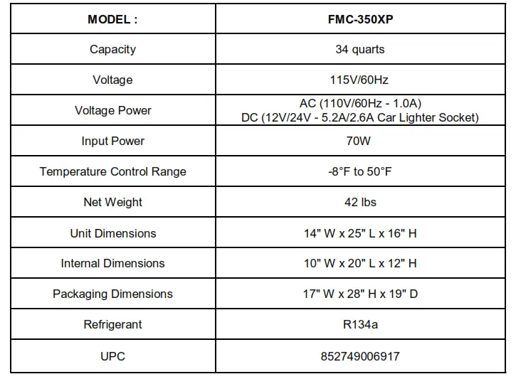 Whynter portable freezer - TECHNICAL DATA