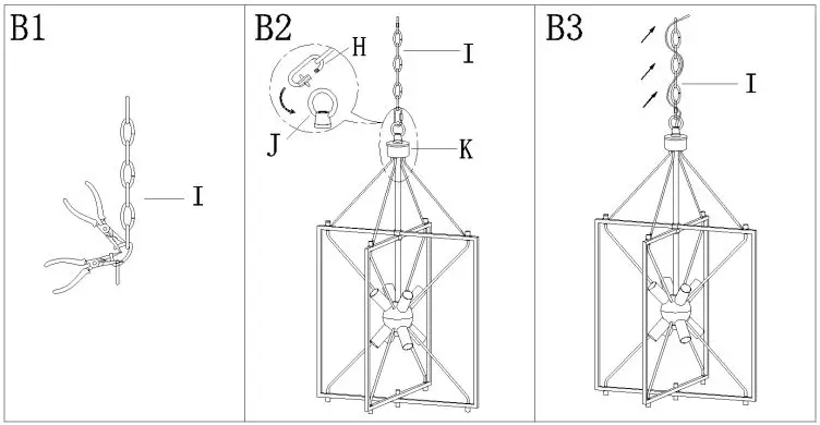 ZEVNI A04468 Nat 8-Light Black-Gold Industrial Cage Chandelier Instruction Manual - Screw stem (M) onto the top of upper frame