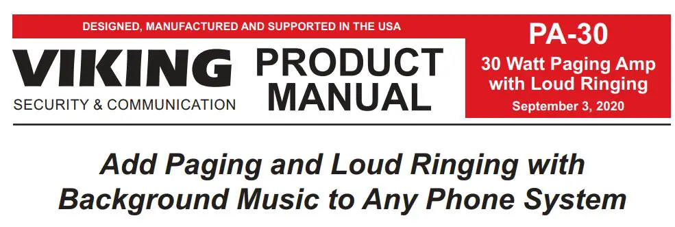 VIKING 30 Watt Paging Amp with Loud Ringing PA-30 User Manual