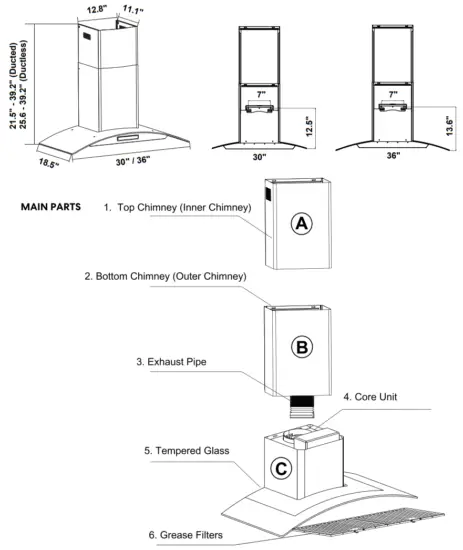 COSMO COS 63175 Wall Mount Range Hood - PARTS DIAGRAM