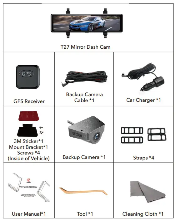 Redtiger T27 Front and Rearview Mirror Dash Cam - fig