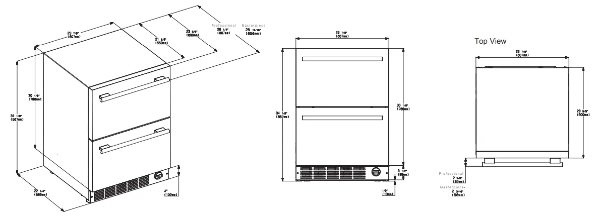 Thermador T24UC925DS Under-Counter Double Drawer Refrigerator - DIMENSIONS
