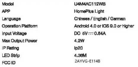 Shenzhen Bason Electronics Technology E114B LED Strip Light Instruction Manual - Product Parameter