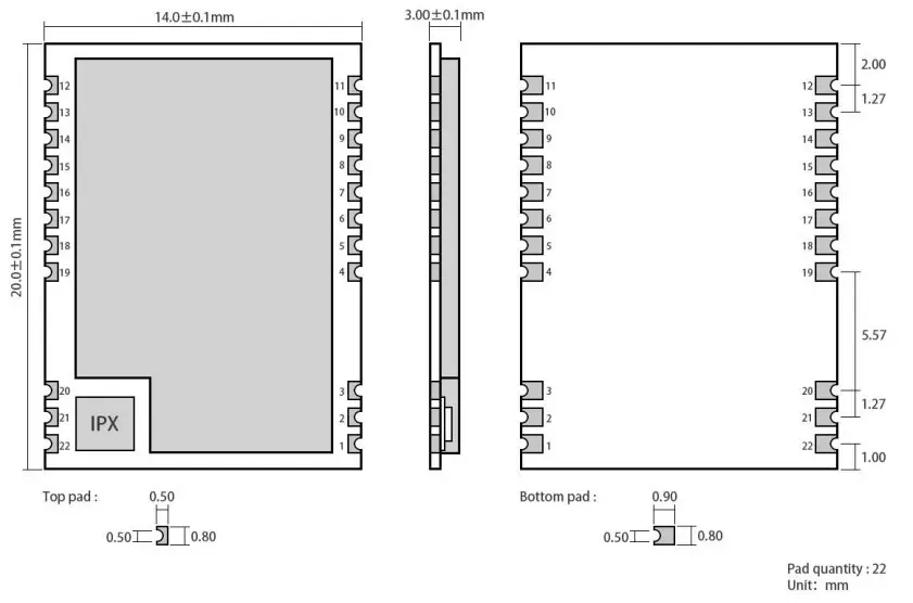 EBYTE E07 900M10S CC1101 904MHz 925MHz 10dBm SPI Wireless Module - Size and Pin definition