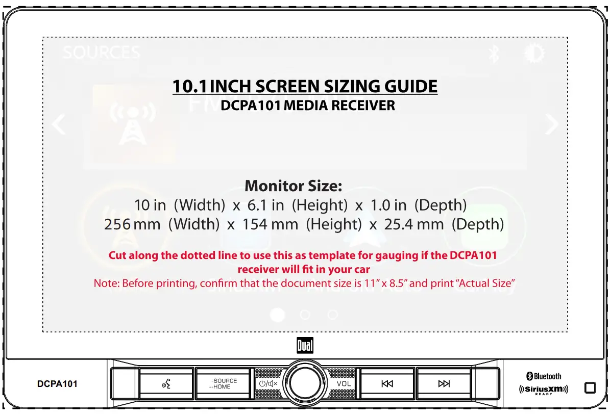 Dual DCPA101 10.1 Inch Media Receiver Dimension