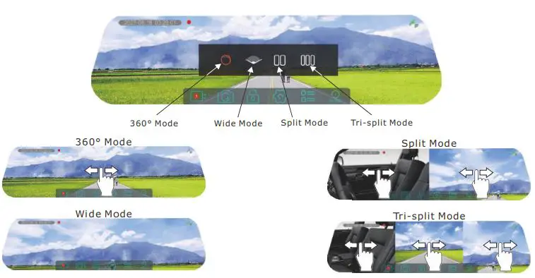 RYDEEN TOMBO 360X Surround View Frameless Rearview Mirror User Guide - Modes