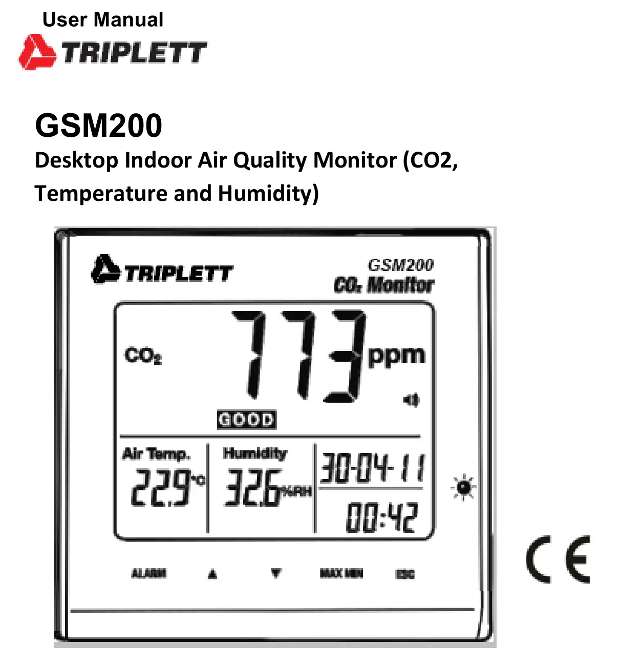 TRIPLETT GSM200 Desktop Indoor Air Quality CO2 Monitor User Manual