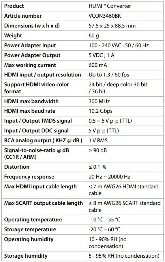nedis VCON3460BK HDMI™ Converter Owner's Manual - Specifications
