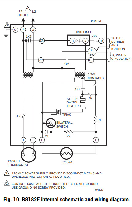 resideo R8182D Combination Protectorelay™ Primary Control and Aquastat® Controller -nternal schematic