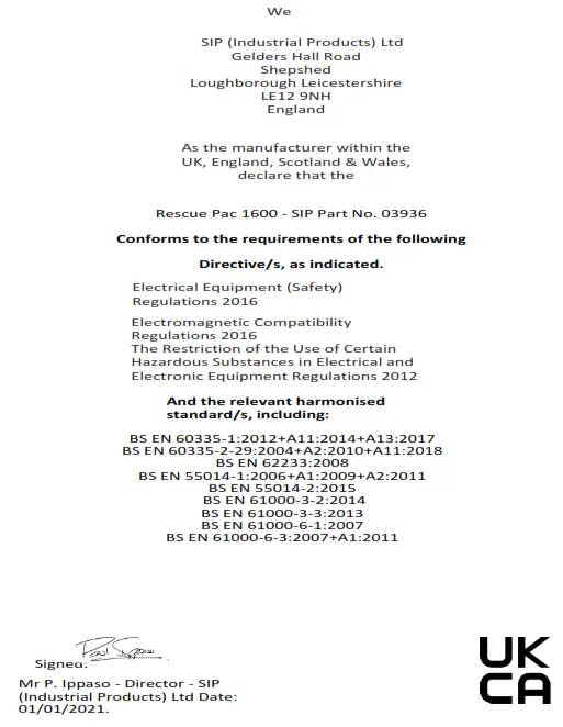 SIP INDUSTRIAL 03936 Rescue Pac 1600 Power Booster - fig1