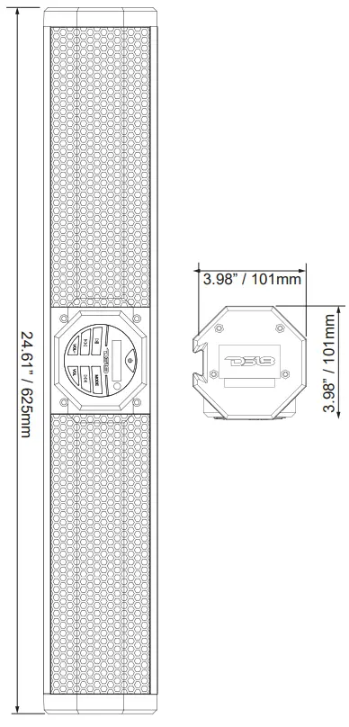 DS18 HYDRO SB24BT Amplified Sound Bar with BT and USB Player - DIMENSIONS