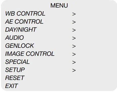 Marshall CV566 Compact and Miniature Full-HD Genlock Cameras User Manual - Press SET button to access the Main Menu
