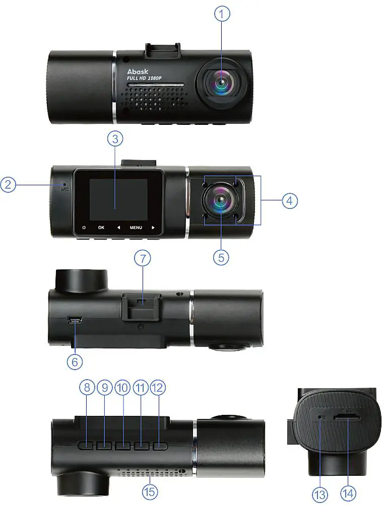 Abask J05 Front Inside 1080P Dual Dash Cam - Interface and Button Function 2