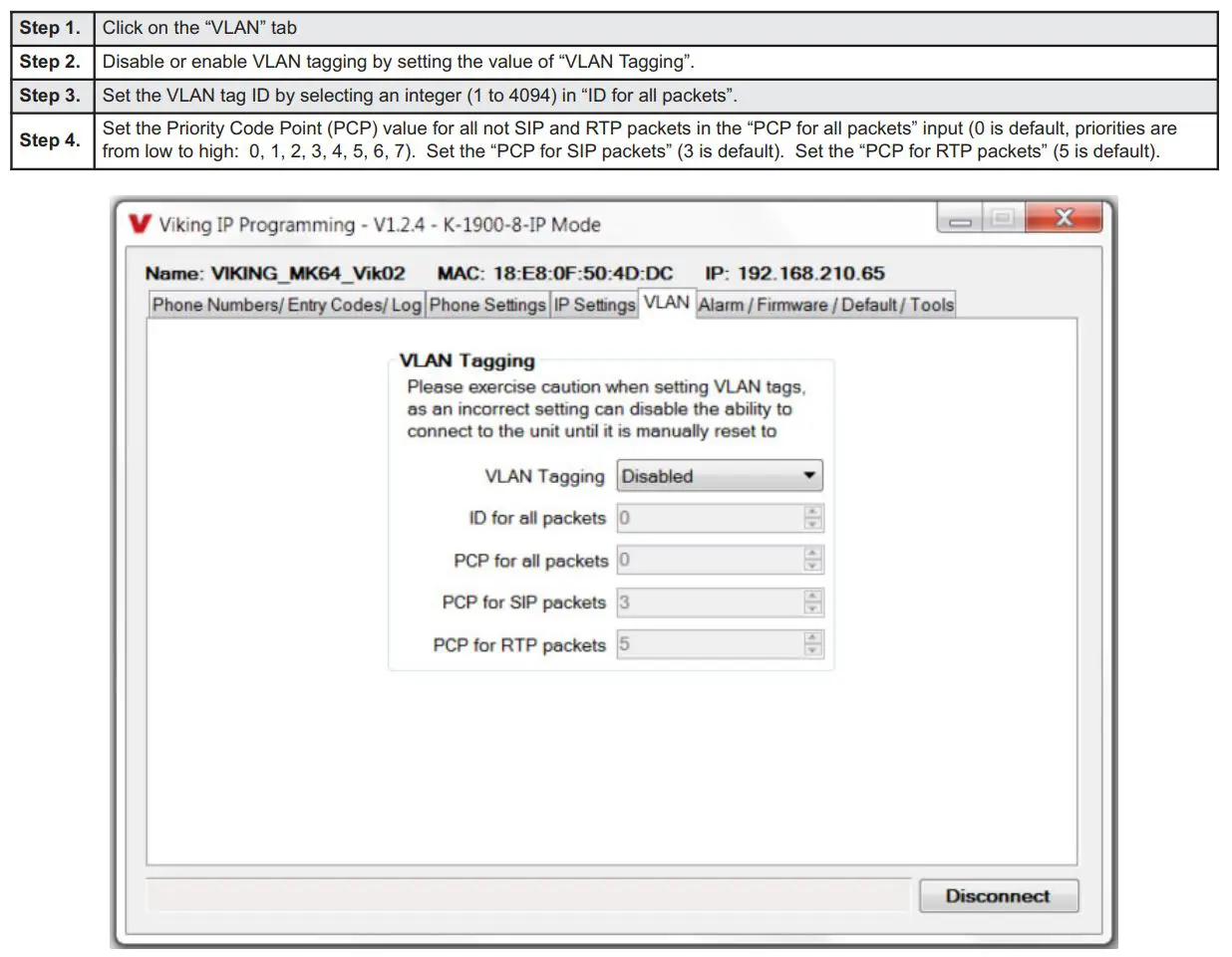 VIKING K-1900-8-IP Series VoIP Phone User Manual - Configuring K-1900-8-IP VLAN Settings