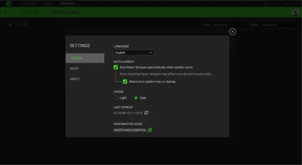 Razer Nari Essential Headphones User Manual 28 Settings Window