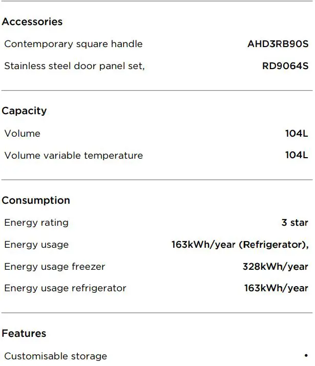 FISHER PAYKEL RB90S64MKIW1 Integrated Cool Drawer Multi-Temperature Drawer User Guide - SPECIFICATIONS