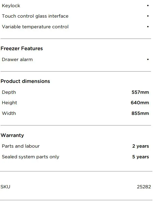 FISHER PAYKEL RB90S64MKIW1 Integrated Cool Drawer Multi-Temperature Drawer User Guide - SPECIFICATIONS