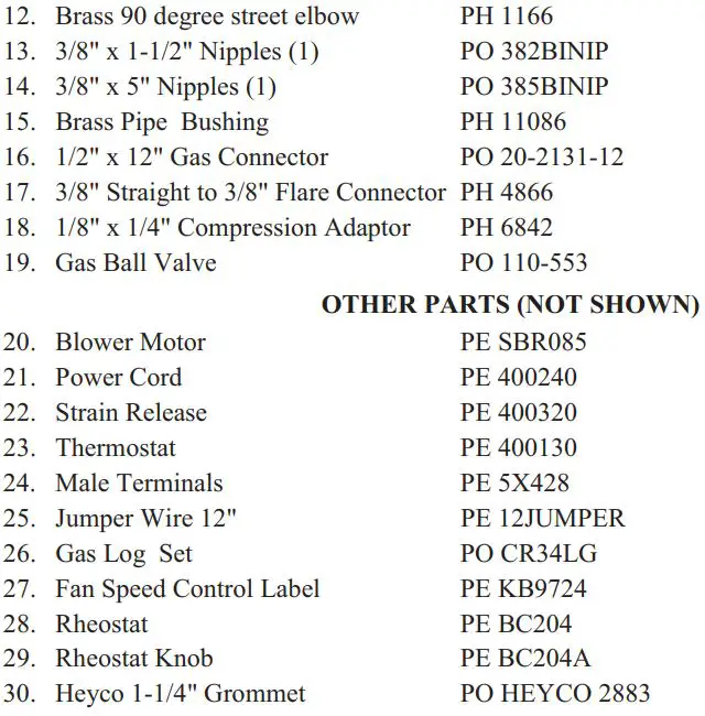 PFS 329 Solid Fuel Burning Fireplace Instruction Manual - REPLACEMENT PARTS