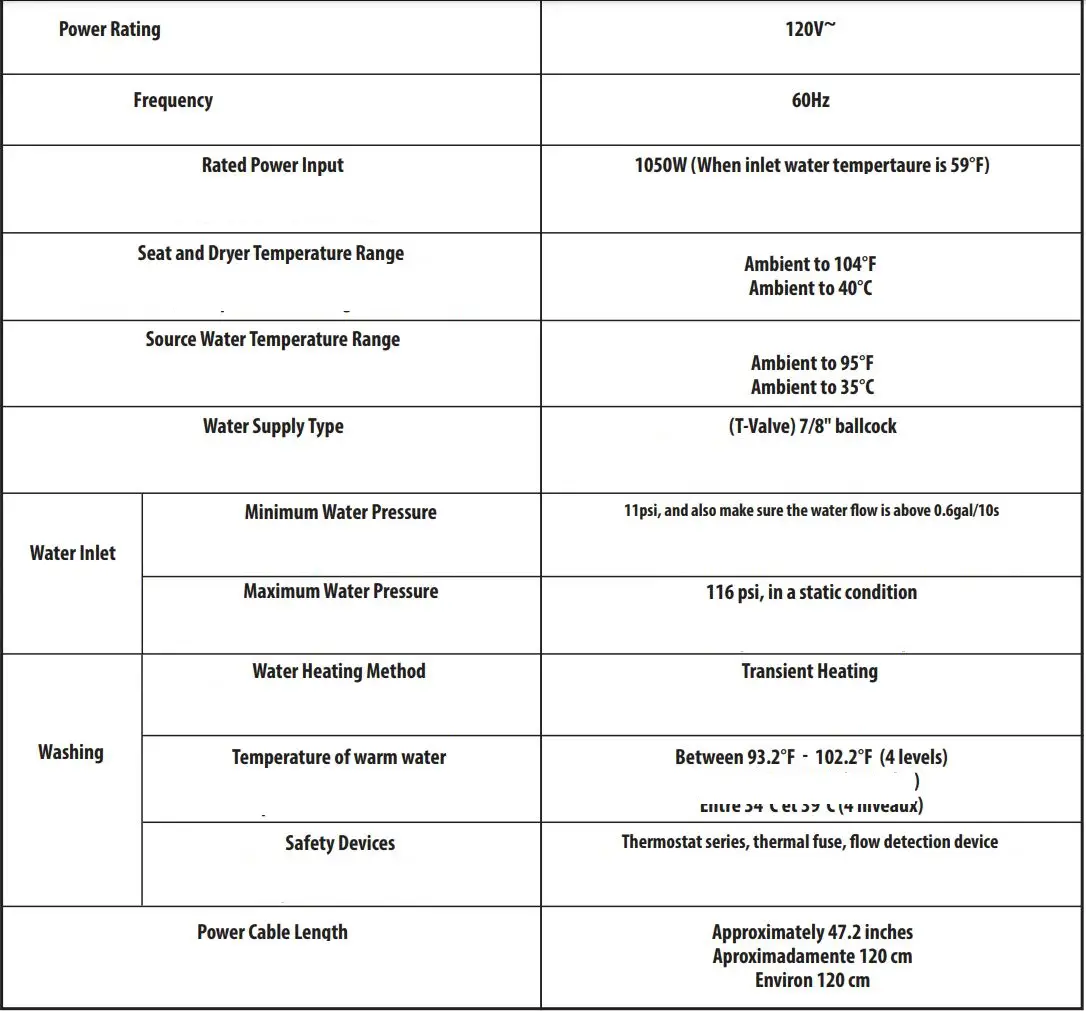 MOEN EB2000 Premium E Bidet Hands-Free Installation Guide - Specifications