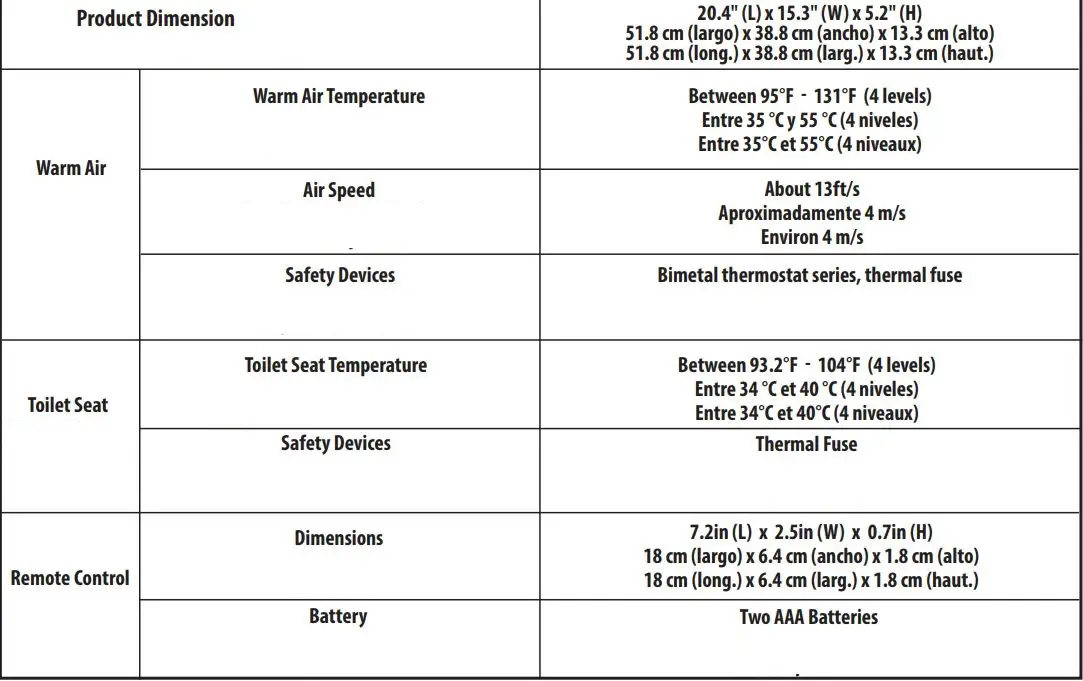 MOEN EB2000 Premium E Bidet Hands-Free Installation Guide - Specifications