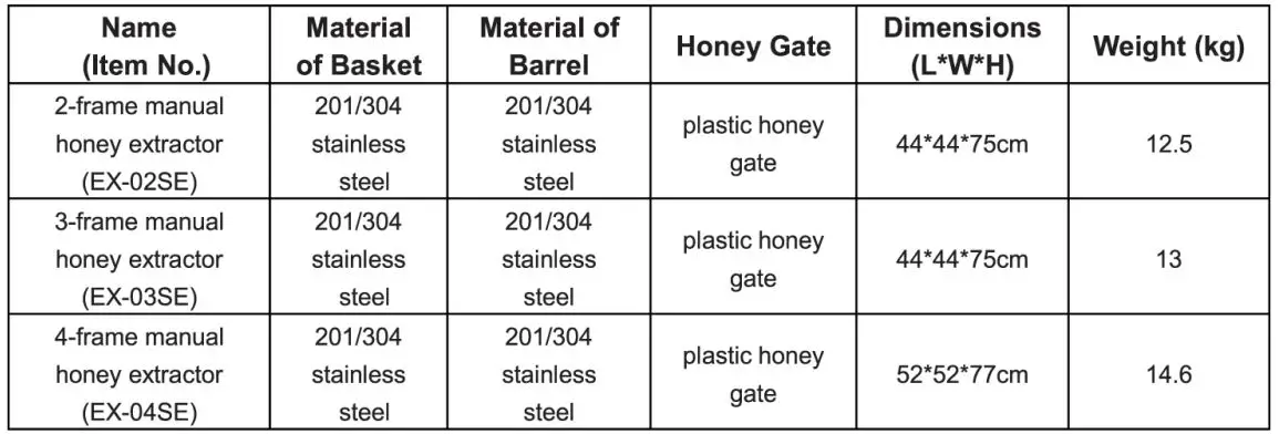 VIVO EX-02SE Frame Electrical Honey Extractor - Specifications