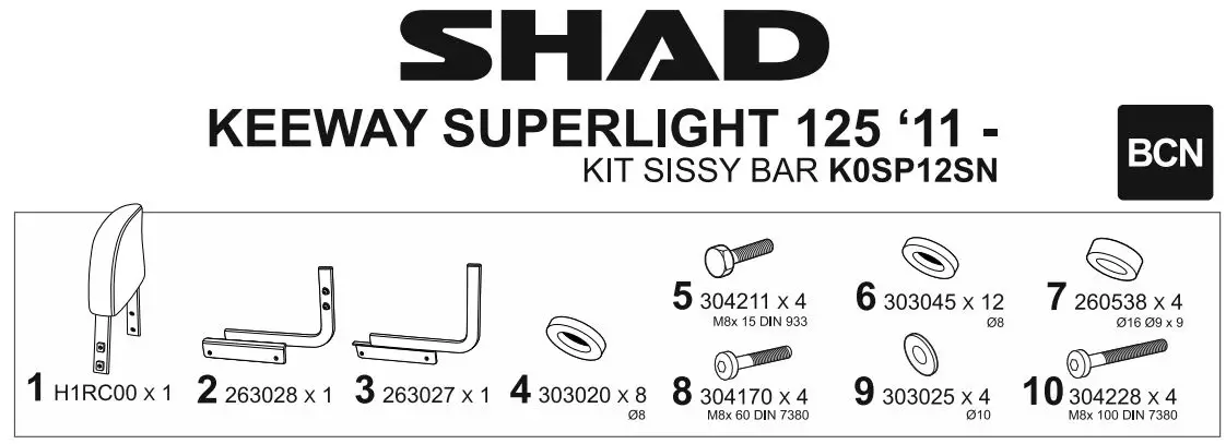 SHAD K0SP12SN Keeway Superlight 125 Kit Sissy Bar User Manual