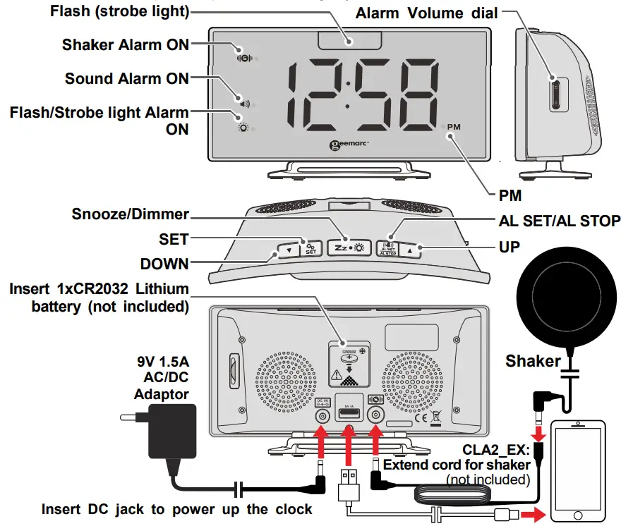geemarc JWNS_CURVE_BLK WAKE 'N' SHAKE Curve 95dB Loud Alarm Clock - INSTRUCTION MANUAL