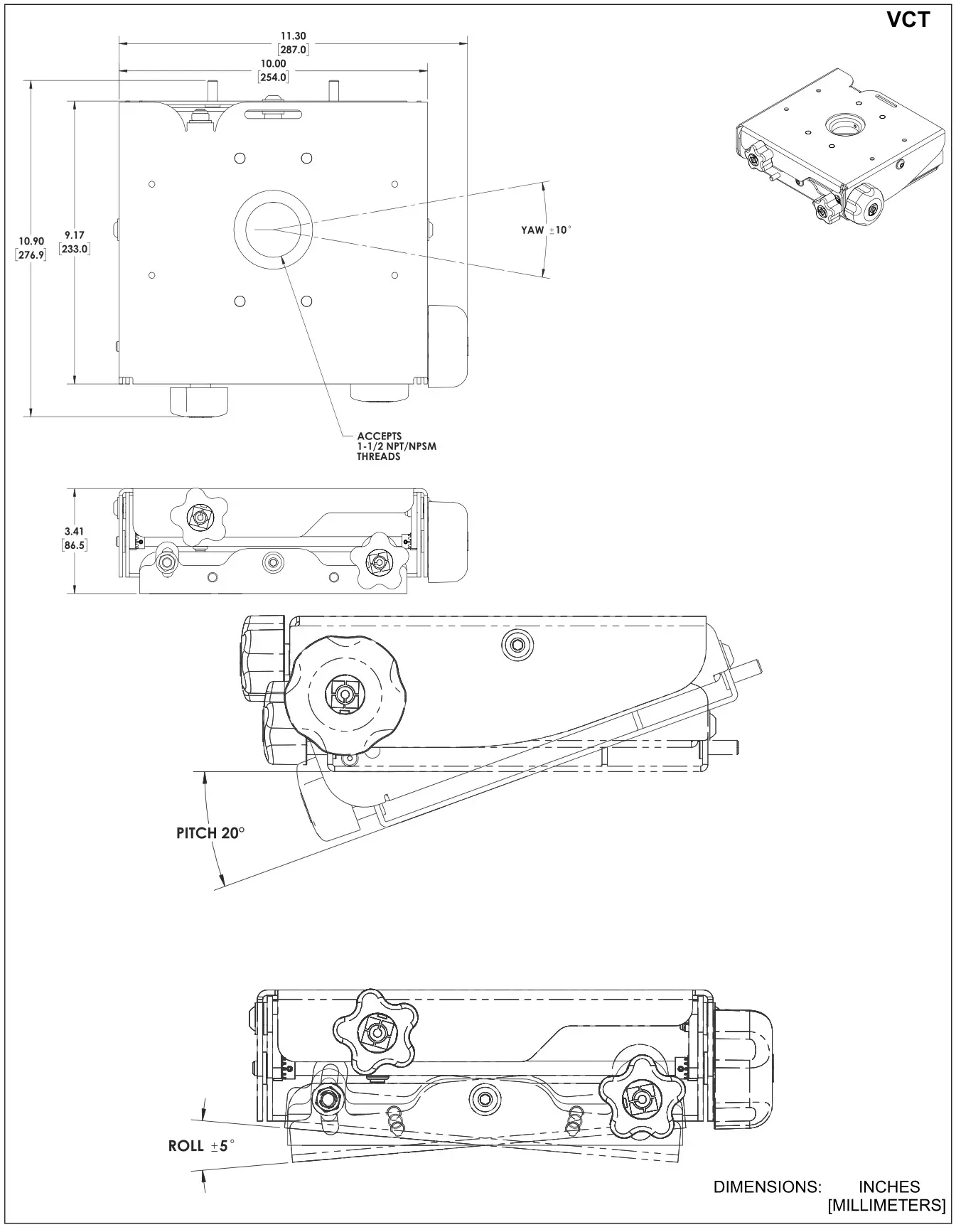 CHIEF VCT XL Projector Mount - DIMENSIONS