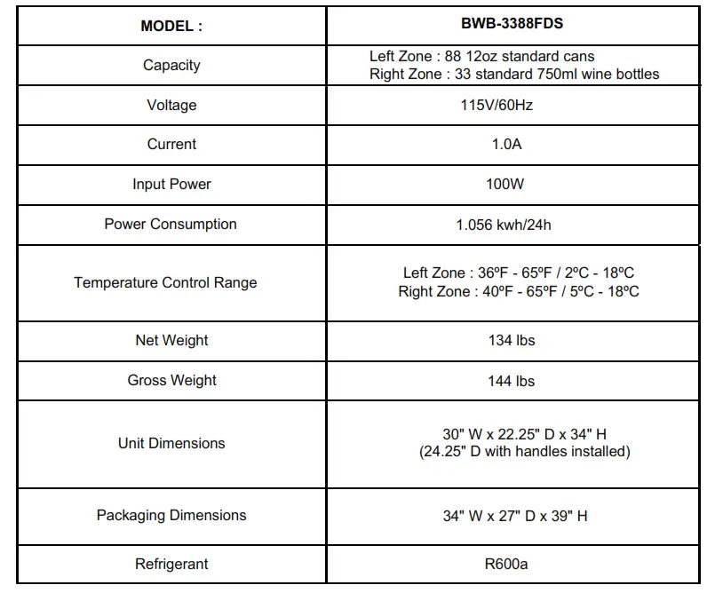 Wine Refrigerator 88 - TECHNICAL DATA