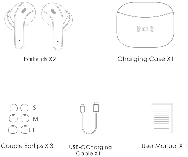 ZINGBIRD X15 002 Wireless Earbuds Bluetooth Headphones 60H Playtime Ear Buds - Packing List