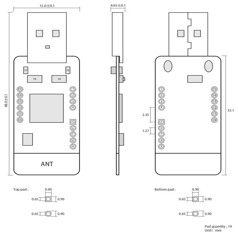 EBYTE E18-2G4U04B CC2531 ZigBee USB Wireless Module - Size and pin definition