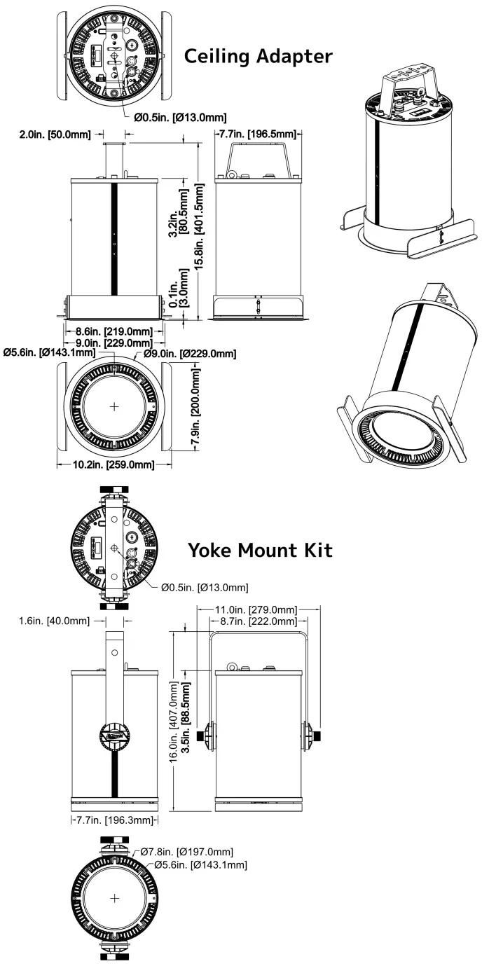 ELATION FUZE PENDANT 230 W 11,000 Lumen High CRI RGBWL LED Pendant - DIMENSIONS 2