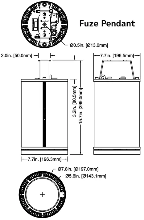 ELATION FUZE PENDANT 230 W 11,000 Lumen High CRI RGBWL LED Pendant - DIMENSIONS