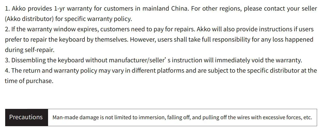 AKKO 3061 Mechanical Keyboard User Manual - Akko Warranty and service statement