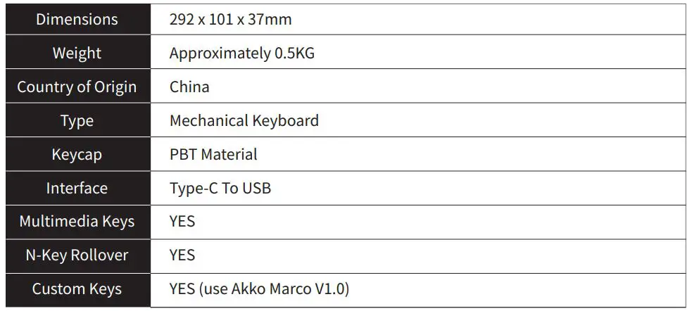 AKKO 3061 Mechanical Keyboard User Manual - Technical Specifications