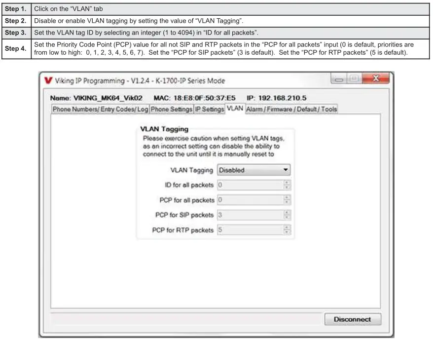VIKING K-1705-IP Series VoIP Entry Phone System - Configuring K-1705-IP VLAN Settings