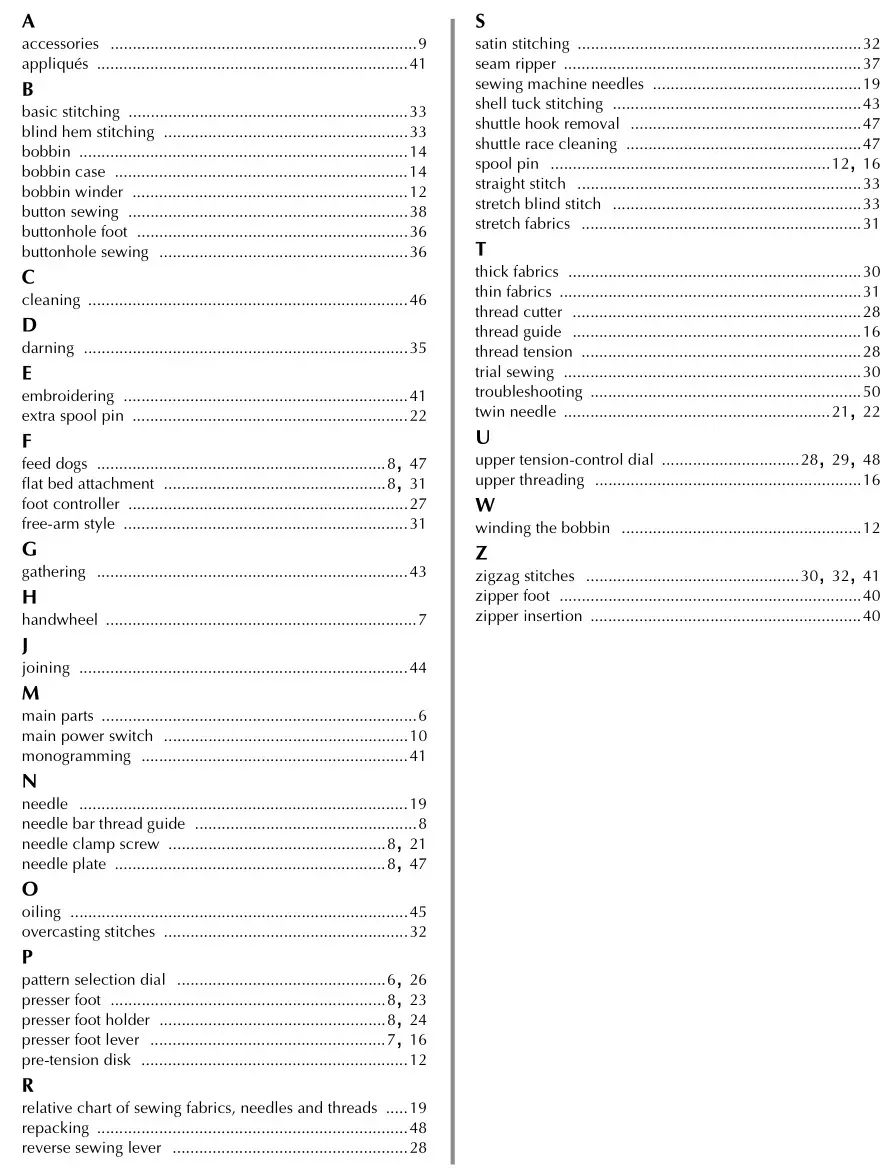 brother Sewing and Mending Machine - INDEX