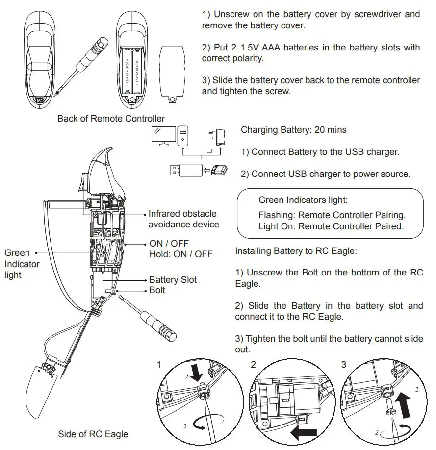 HYPER TOY HRC1411 Remote Control Flying Eagle User Guide - BATTERY INSTALLATION
