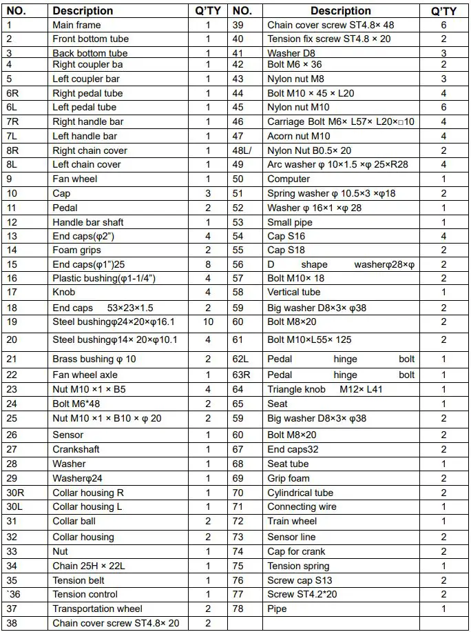 SKY LAND Orbitrac - Parts List