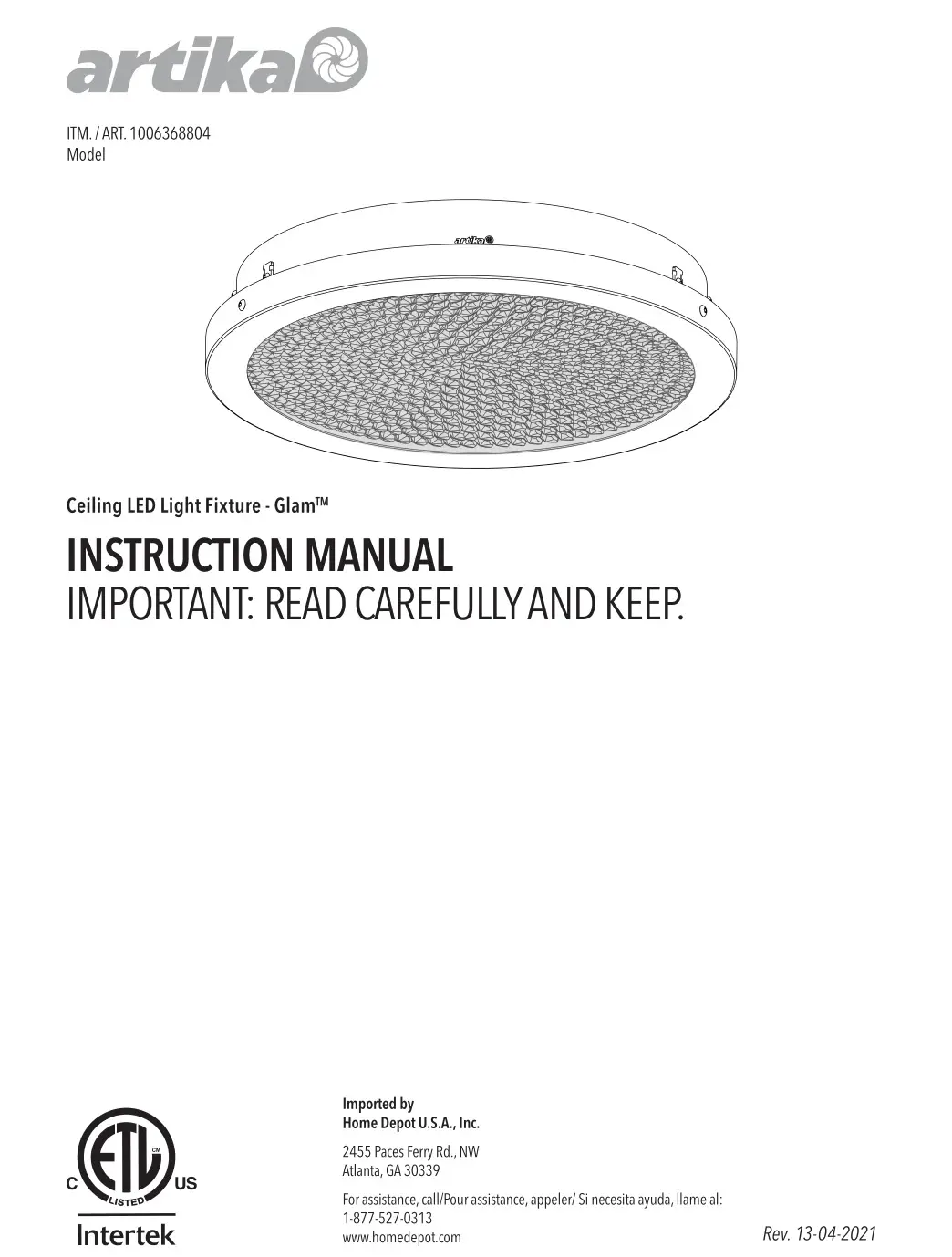 artika CLGL-HD2BL Ceiling LED Light Fixture - Glam Instruction Manual