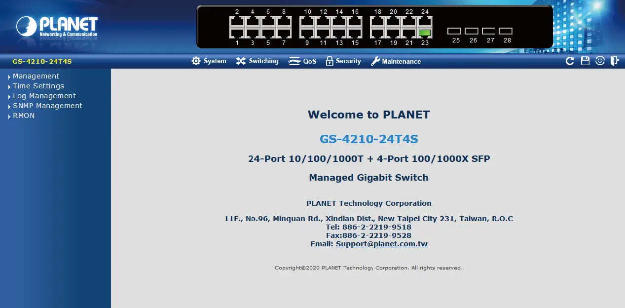 Web Main Screen of Managed Switch